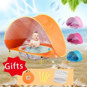 Baby Strand Tent Draagbaar Zwembad Met Uv Bescherming (Oranje) - Zonwering Voor Baby - Outdoor Speelgoed Kinder Zwembad